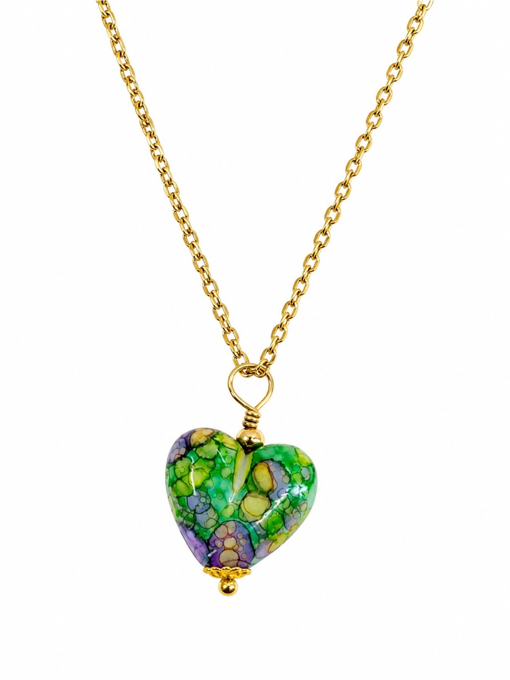 Handmade Green Marbled Heart Pendant Necklace Golden stainless Chain